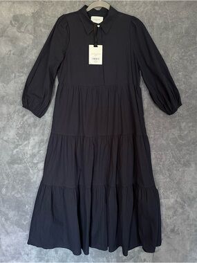 Pomander Place Navy Tiered Maxi Dress with Collar